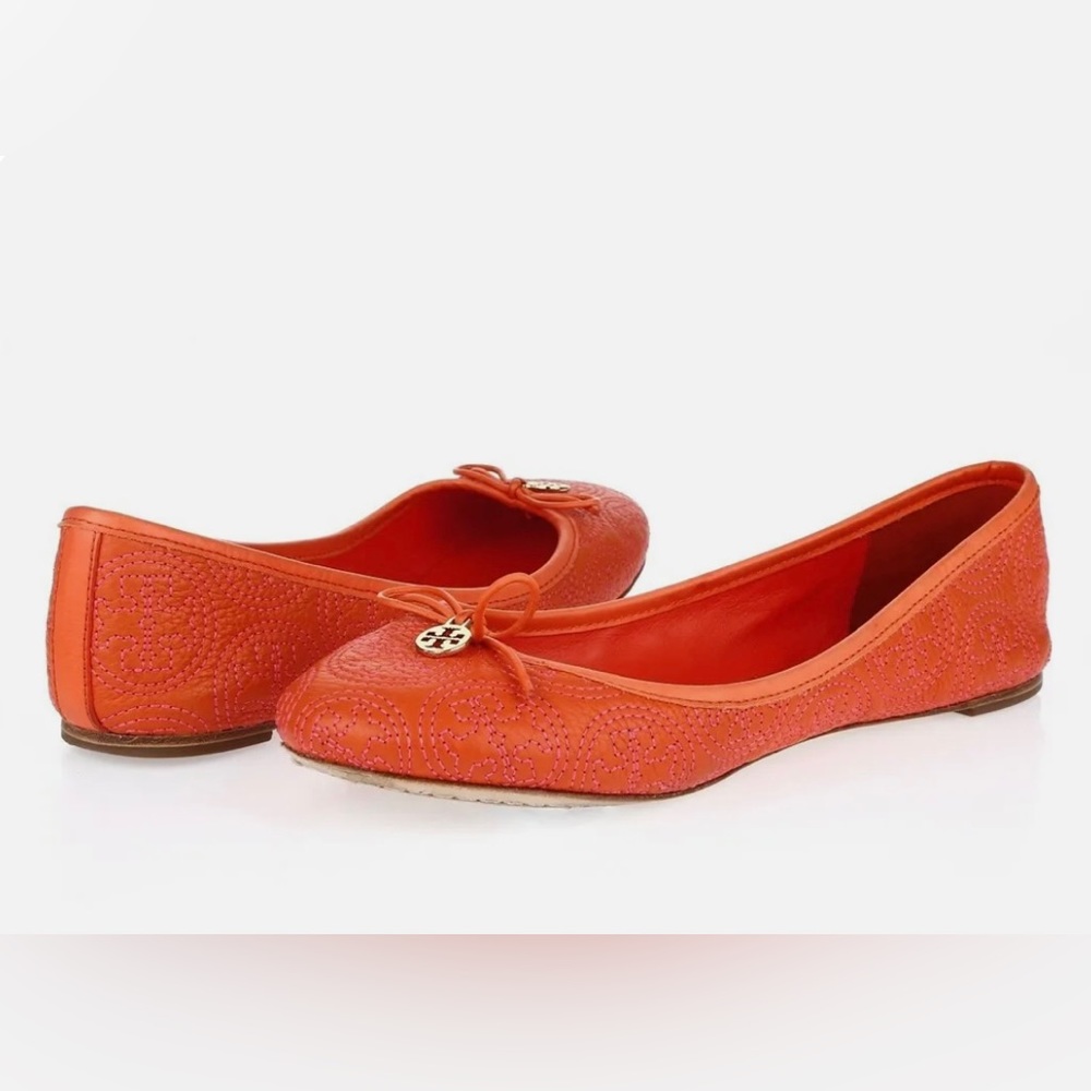 TORY BURCH Chelsea Pink Stitched Logo Ballerina Flat Orange Women’s Size 6.5